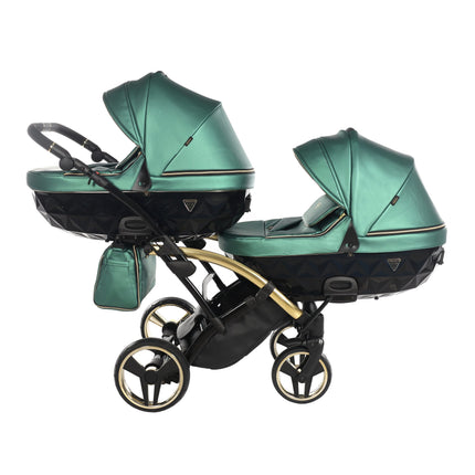 Junama Fluo Duo Slim Green tandem double stroller with two carrycots / bassinets