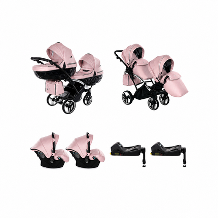 Junama Fluo Duo Slim Pink 4 in 1 package with two infant car seats and two ISOFIX bases