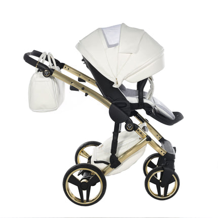 Cochecito Junama Fluo Individual blanco brillante con chasis efecto espejo dorado
