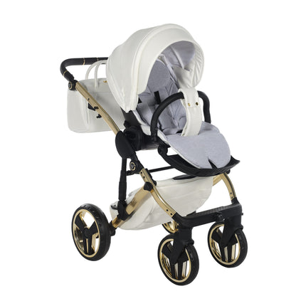 Cochecito Junama Fluo Individual blanco brillante con chasis efecto espejo dorado