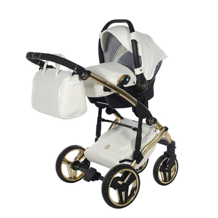 Cochecito Junama Fluo Individual blanco brillante con chasis efecto espejo dorado