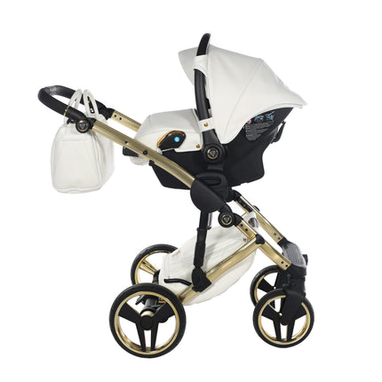 Cochecito Junama Fluo Individual blanco brillante con chasis efecto espejo dorado
