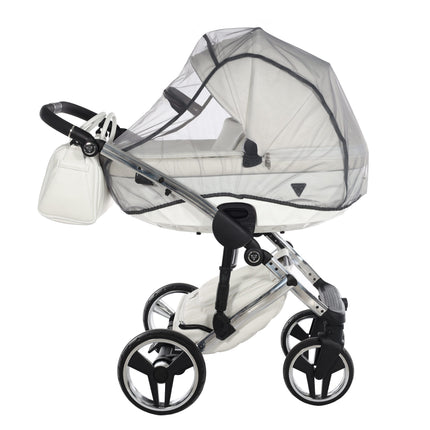 Cochecito Junama Fluo Individual blanco brillante con chasis efecto espejo plateado