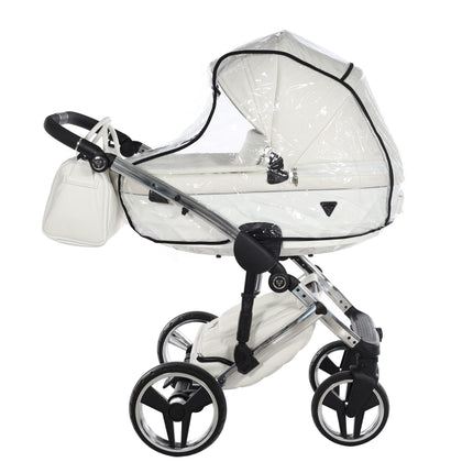 Cochecito Junama Fluo Individual blanco brillante con chasis efecto espejo plateado