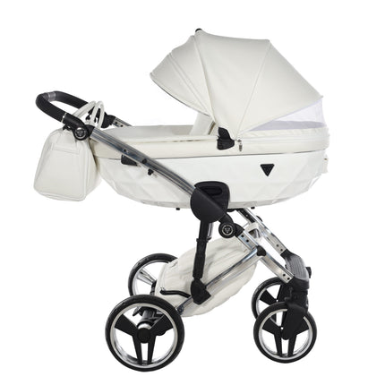 Cochecito Junama Fluo Individual blanco brillante con chasis efecto espejo plateado