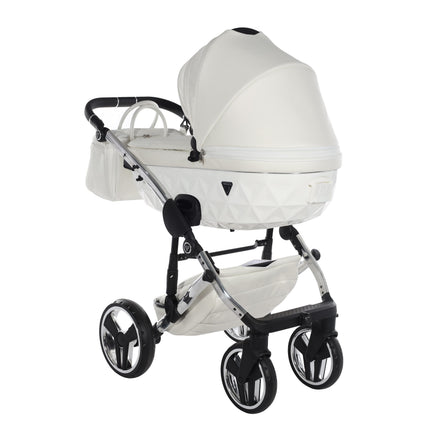 Cochecito Junama Fluo Individual blanco brillante con chasis efecto espejo plateado