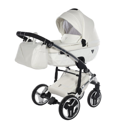 Cochecito Junama Fluo Individual blanco brillante con chasis efecto espejo plateado