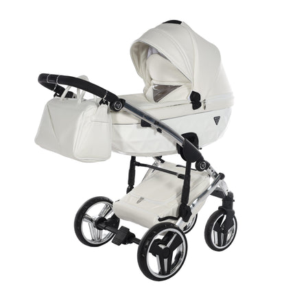 Cochecito Junama Fluo Individual blanco brillante con chasis efecto espejo plateado