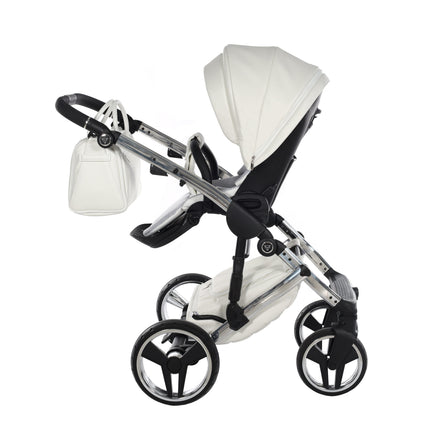 Cochecito Junama Fluo Individual blanco brillante con chasis efecto espejo plateado