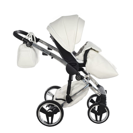 Cochecito Junama Fluo Individual blanco brillante con chasis efecto espejo plateado