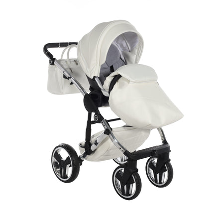 Cochecito Junama Fluo Individual blanco brillante con chasis efecto espejo plateado