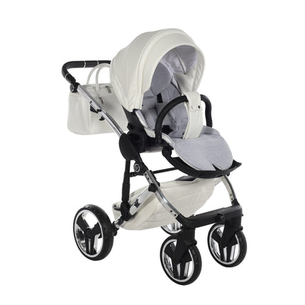 Cochecito Junama Fluo Individual blanco brillante con chasis efecto espejo plateado