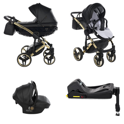 Junama Fluo Black 4 IN 1 stroller package with matching infant car seat and ISOFIX base