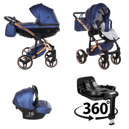 Junama Fluo Blue 4 IN 1 stroller package with matching infant car seat and 360-degree rotating ISOFIX base