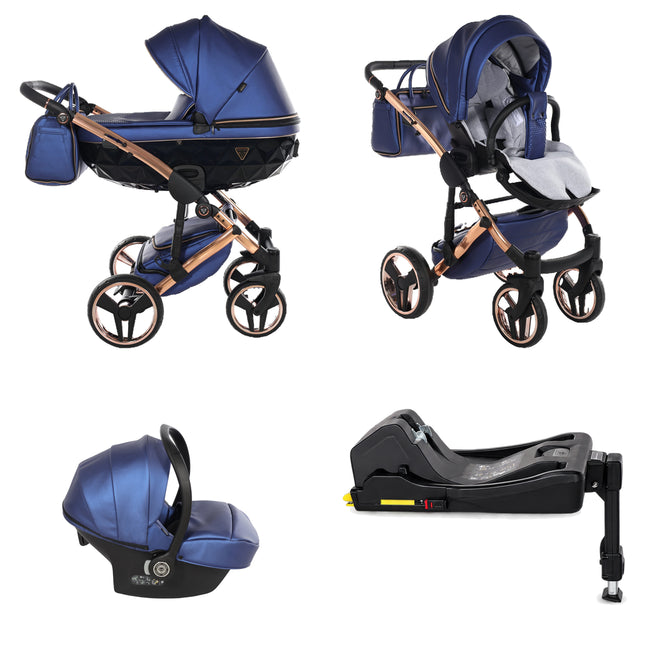 Junama Fluo Blue 4 IN 1 stroller package with matching infant car seat and ISOFIX base