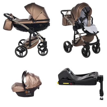 Junama Fluo Brown 4 IN 1 stroller package with matching infant car seat and ISOFIX base