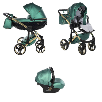Junama Fluo Green 3 IN 1 stroller package with matching infant car seat
