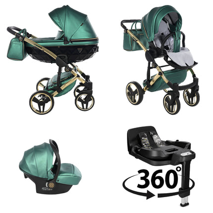 Junama Fluo Green 4 IN 1 stroller package with matching infant car seat and 360-degree rotating ISOFIX base