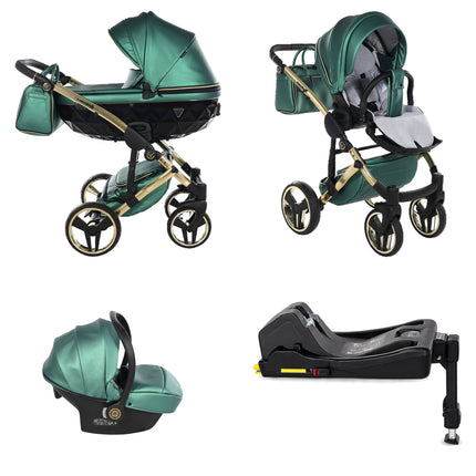 Junama Fluo Green 4 IN 1 stroller package with matching infant car seat and ISOFIX base