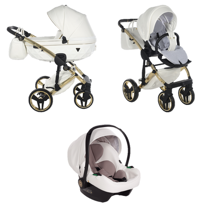Junama Fluo Individual (Blanco y dorado): cochecito; capazo; asiento; silla de coche para bebé, a juego