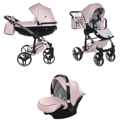 Junama Fluo Pink stroller in carrycot and seat configurations with matching car seat