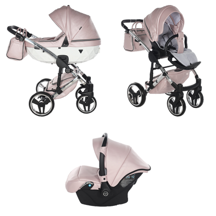 Junama Fluo Pink with White Diamond Chassis stroller in carrycot and seat configurations with matching car seat
