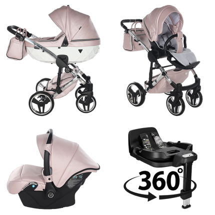 Junama Fluo Pink with White Diamond Chassis stroller in carrycot and seat configurations with matching car seat and 360-degree rotating ISOFIX base