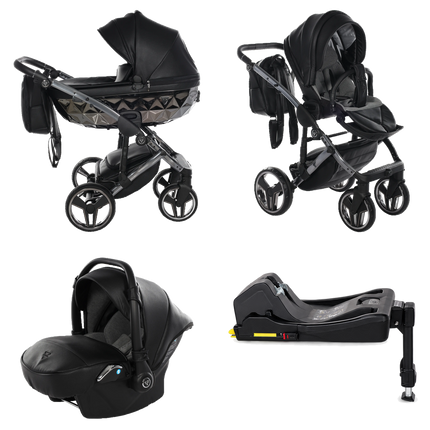 Junama Hand Craft Black stroller in carrycot and seat configurations with matching car seat and ISOFIX base