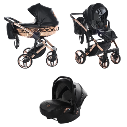 Junama Hand Craft Black & Copper stroller in carrycot and seat configurations with matching car seat