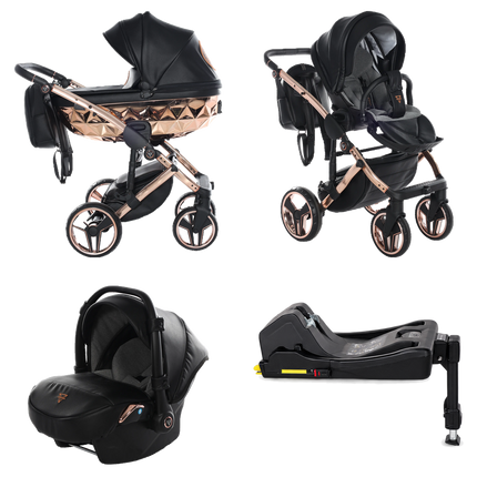 Junama Hand Craft Black & Copper stroller in carrycot and seat configurations with matching car seat and ISOFIX base