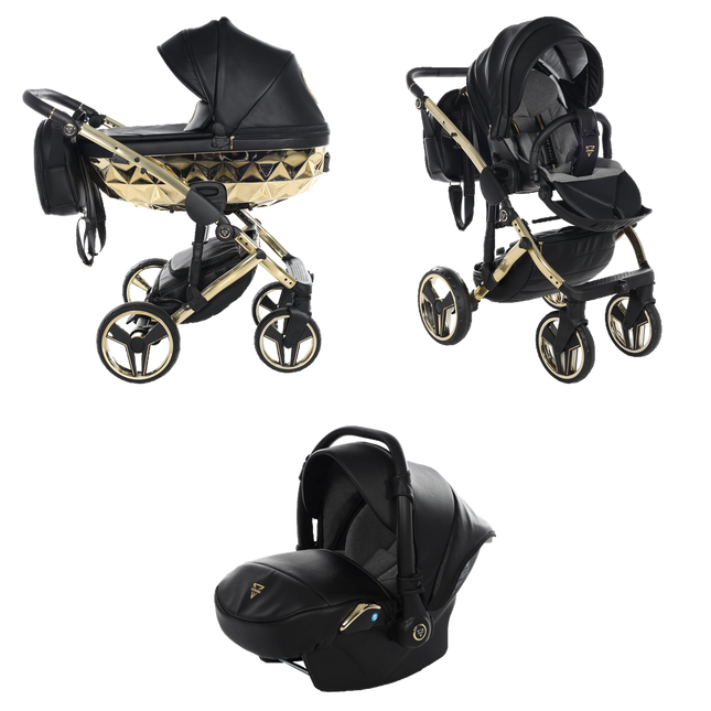 Junama Hand Craft Black & Gold stroller in carrycot and seat configurations with matching car seat
