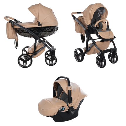 Junama Hand Craft Caramel stroller in carrycot and seat configurations with matching car seat