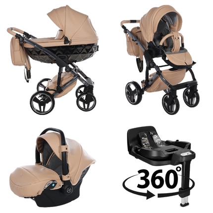 Junama Hand Craft Caramel stroller in carrycot and seat configurations with matching car seat and 360-degree rotating ISOFIX base
