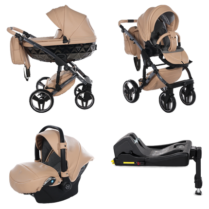 Junama Hand Craft Caramel stroller in carrycot and seat configurations with matching car seat and ISOFIX base