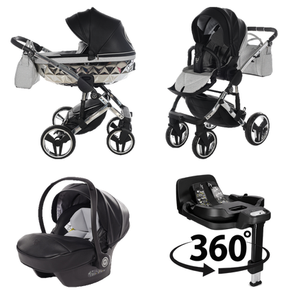 Junama Hand Craft Glitter (Svart): barnvagn; liggdel; sittdel; babyskydd, i matchande färg; ISOFIX-bas (360°)