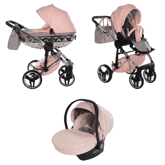 Junama Hand Craft Glitter Pink stroller in carrycot and seat configurations with matching car seat