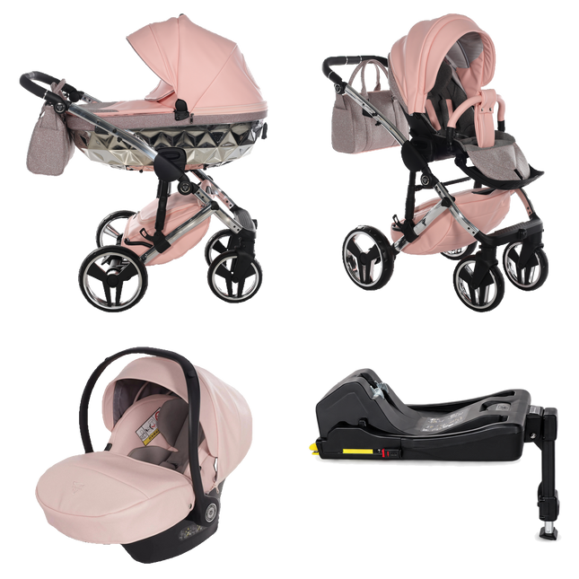 Junama Hand Craft Glitter Pink stroller in carrycot and seat configurations with matching car seat and ISOFIX base