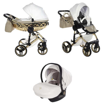 Junama Hand Craft Glitter (Vit och Guld): barnvagn; liggdel; sittdel; babyskydd, i matchande färg