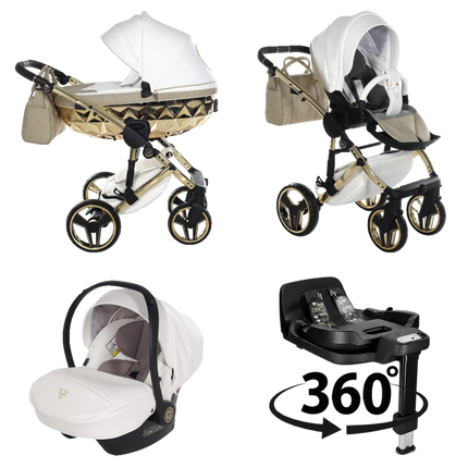 Junama Hand Craft Glitter (Vit och Guld): barnvagn; liggdel; sittdel; babyskydd, i matchande färg; ISOFIX-bas (360°)