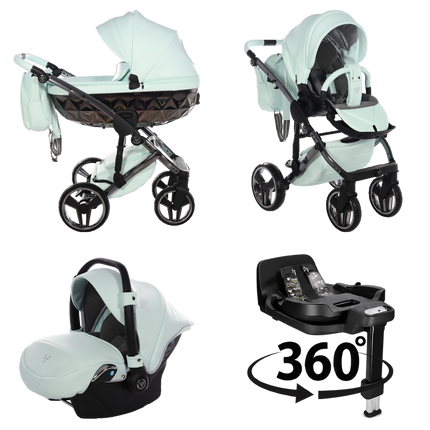 Junama Hand Craft Mint stroller in carrycot and seat configurations with matching car seat and 360-degree rotating ISOFIX base
