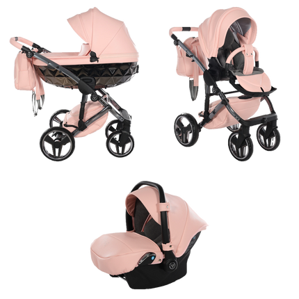 Junama Hand Craft Pink stroller in carrycot and seat configurations with matching car seat