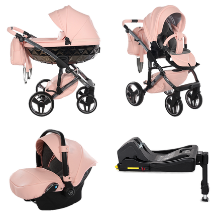 Junama Hand Craft Pink stroller in carrycot and seat configurations with matching car seat and ISOFIX base