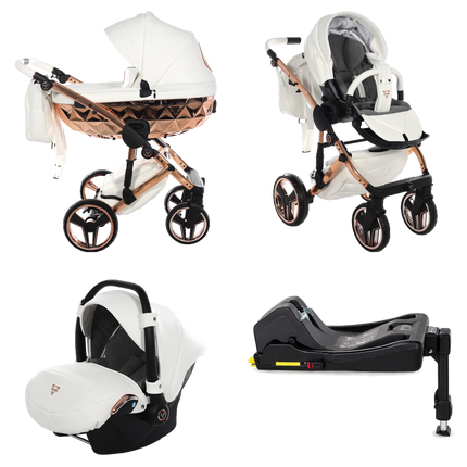 Junama Hand Craft White & Copper stroller in carrycot and seat configurations with matching car seat and ISOFIX base