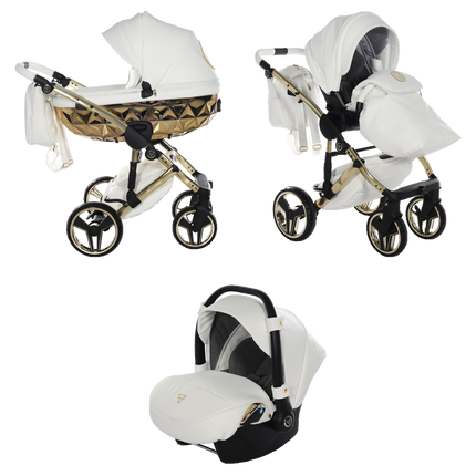 Junama Hand Craft White & Gold stroller in carrycot and seat configurations with matching car seat