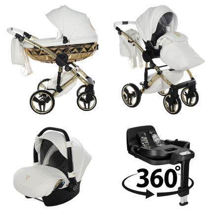 Junama Hand Craft White & Gold stroller in carrycot and seat configurations with matching car seat and 360-degree rotating ISOFIX base