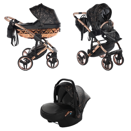 Junama Heart Black and Copper stroller in carrycot and seat configurations with matching car seat
