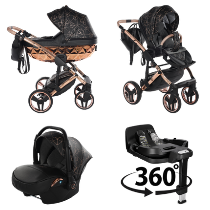 Junama Heart Black and Copper stroller in carrycot and seat configurations with matching car seat and 360-degree rotating ISOFIX base