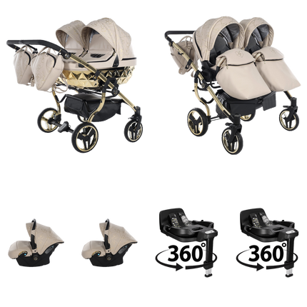 Carrinho Junama Heart Duo bege com duas alcofas, dois assentos, duas cadeiras auto para bebé e duas bases ISOFIX rotativas de 360°.