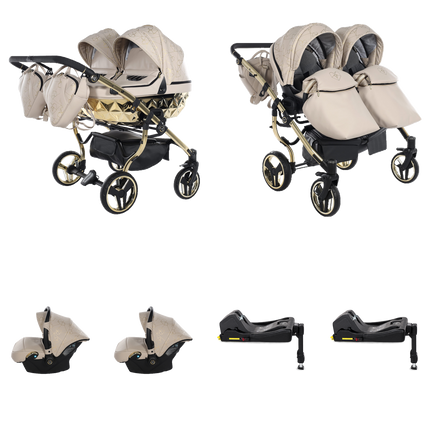 Carrinho Junama Heart Duo Bege com duas alcofas, dois assentos, duas cadeiras auto e duas bases ISOFIX fixas