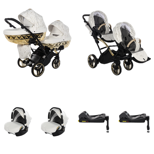 Junama Heart Duo Slim White and Gold tandem stroller with two infant car seats and two ISOFIX bases